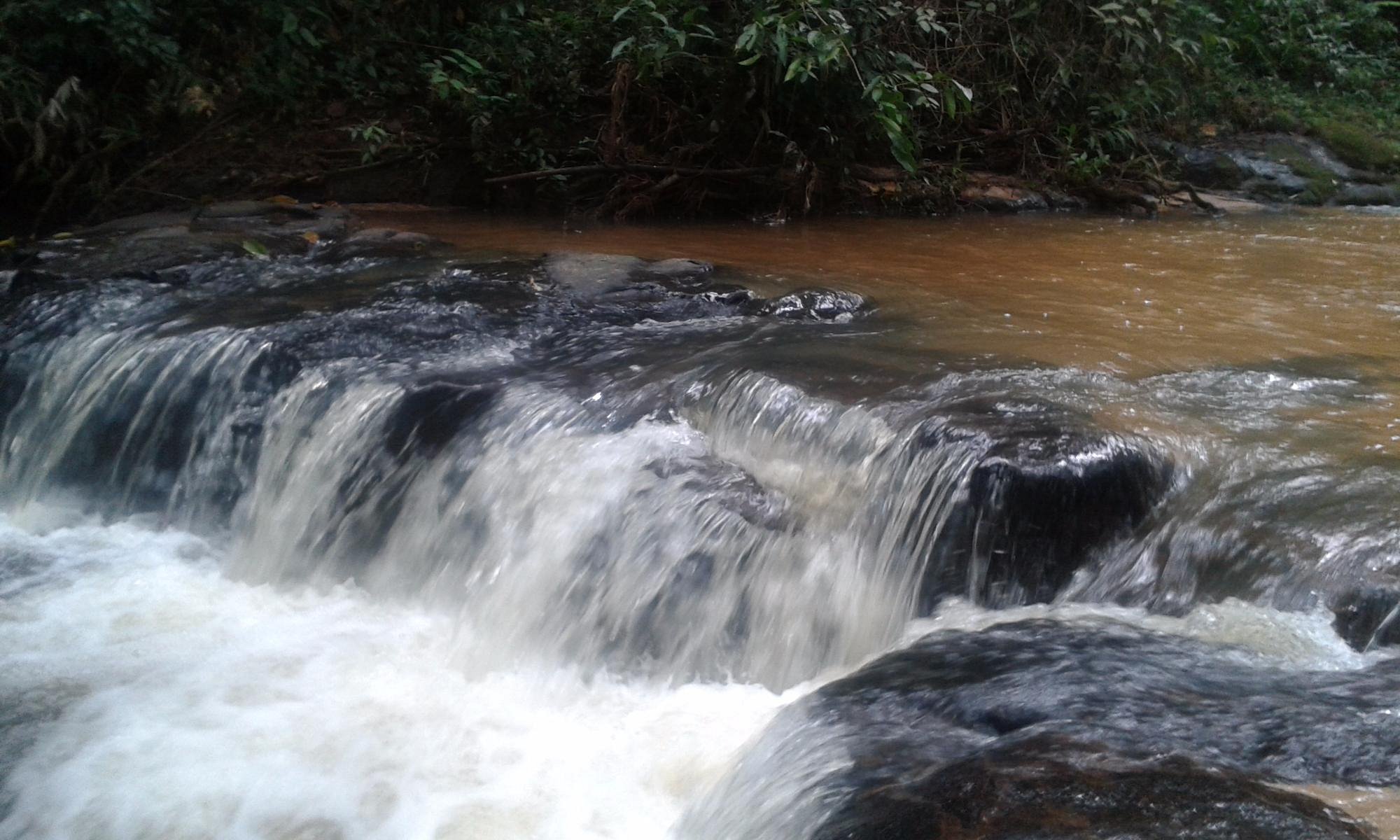Corredeiras da Cachoeira da Ponte Amarela em Analândia (SP), com cascatas sobre pedras escuras e água corrente na mata