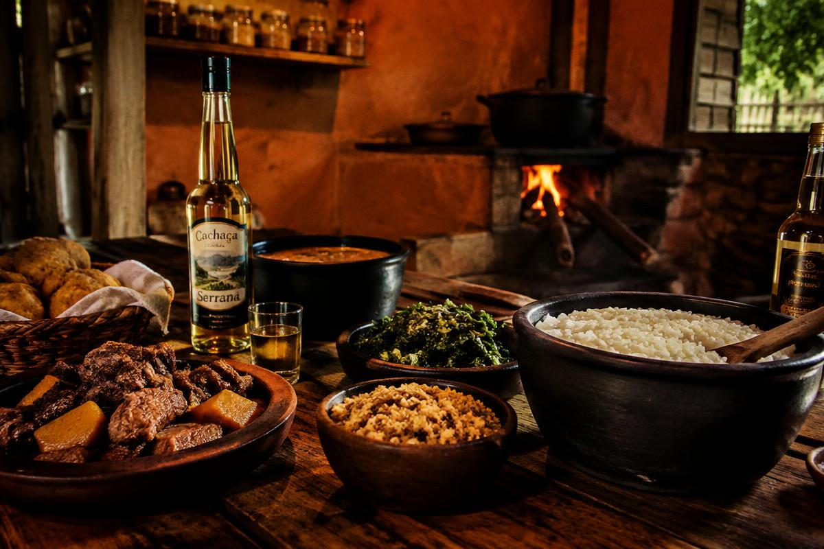 Comida caseira do interior servida em panelas de barro, com cachaça artesanal