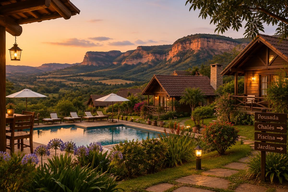 Pousada com chalés e piscina e vista para os morros de arenito